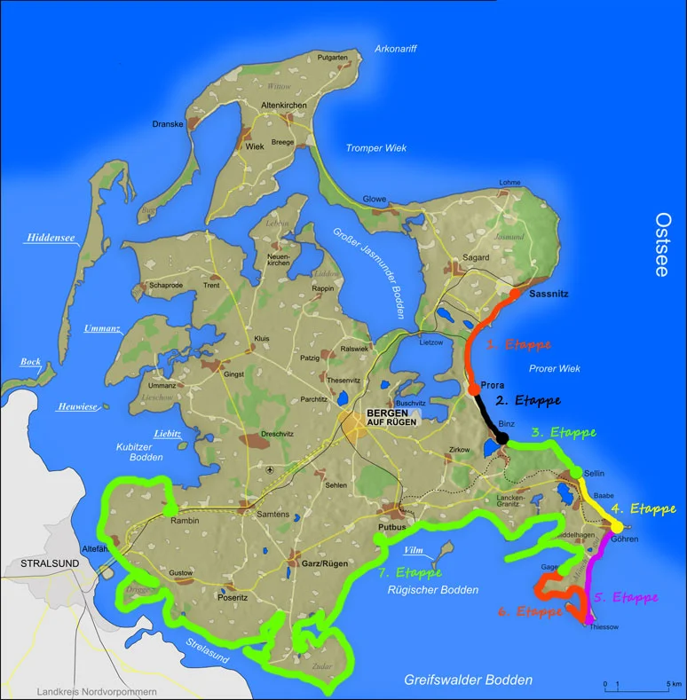 Wanderkarte zu Fuß um die Insel Rügen